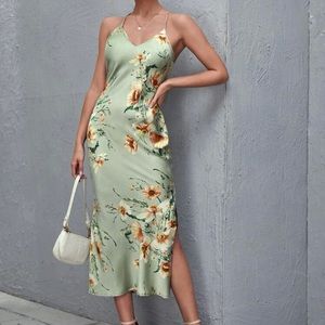 Crisscross Backless Draped Split Thigh Floral Print Satin Cami Dress